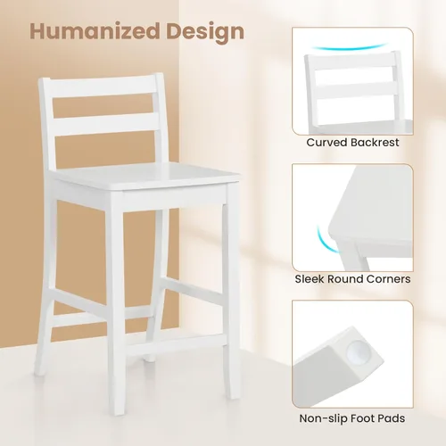 Vista 7 de COSTWAY Juego de 2 taburetes de bar de madera, taburetes de altura de mostrador de 24 pulgadas con respaldo ergonómico y reposapiés, sillas de Blanco
