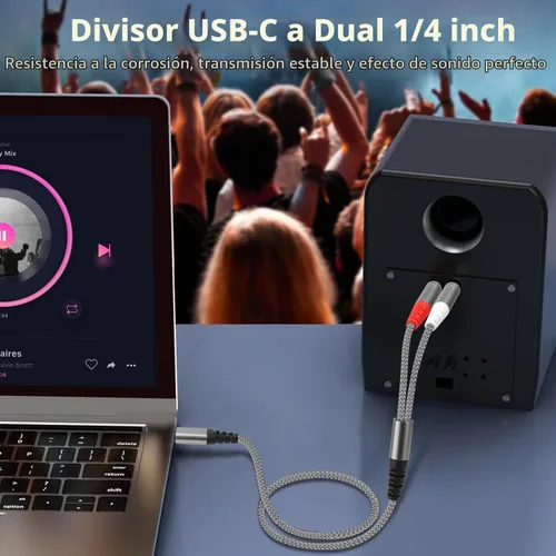 Vista 4 de Cable de audio USB C a 1/4 de pulgada, cable mono USB C a TS dual, cable de audio TS de 0.25 in a doble TS para smartphone, tableta, laptop enlace a