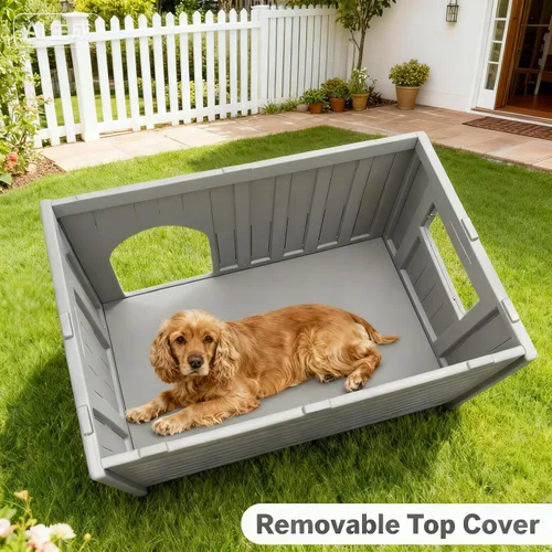 Vista 3 de Casa de perro aislada de plástico con alfombrilla térmica resistente a la intemperie para refugio elevado para perros, fácil de montar