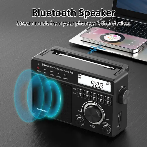 Vista 6 de TOMASHI Radio FM portátil de onda corta MW con Bluetooth, sintonización ATS, reloj y alarma, grabación, reproducción de MP3/WMA a través de tarjeta