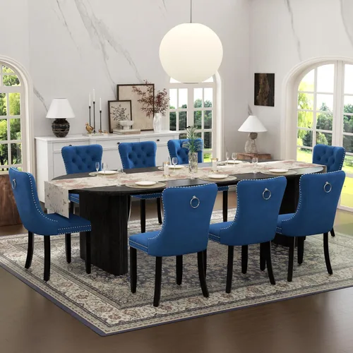 Vista 29 de Juego de mesa de comedor ovalada extensible con 4 sillas tapizadas de terciopelo de alta gama, mesa de cocina de 59 a 91 pulgadas y sillas
