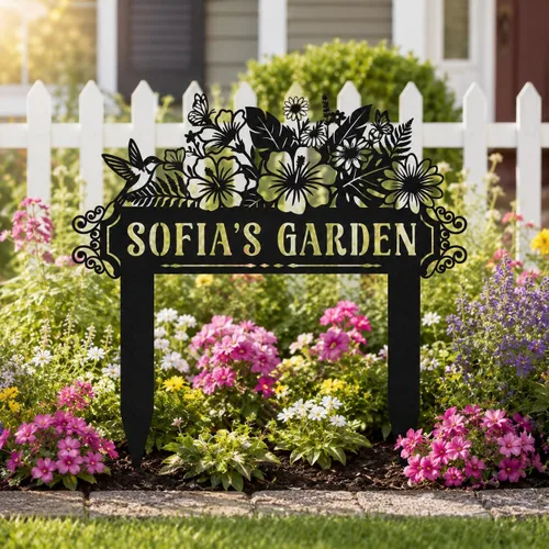 Vista 5 de Letrero de jardín personalizado con estaca, letrero de metal personalizado con nombre de jardín para exteriores, decoración de patio de flores