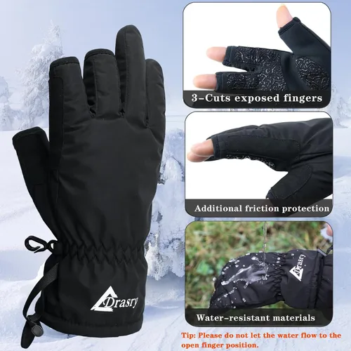 Vista 6 de Drasry Neoprene Palm Ice Fishing Gloves 3-Cut Fingers Warm for Men and Women Cold Weather Insulated Great for Winter Fly Fishing Photography Running
