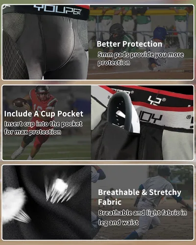Vista 3 de Youper - Pantalones cortos acolchados deslizantes de compresión Elite para adultos con bolsillo para copa para béisbol, fútbol