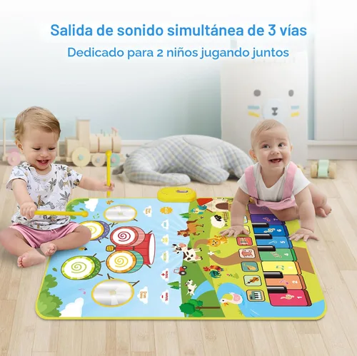 Vista 4 de FOKI Alfombrillas de piano, 3 en 1, tapete de juego musical de animales con piano y tambor para juguetes Montessori sensoriales de aprendizaje