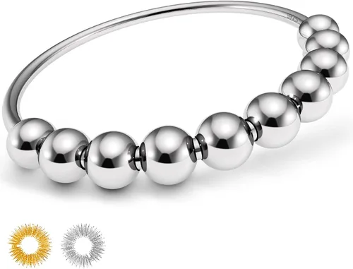 Vista 2 de Anillo giratorio de plata de ley 925 para mujeres y hombres, anillo giratorio con cuentas (5)