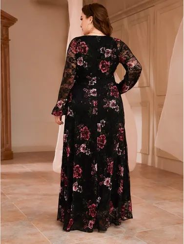 Vista 5 de Vestido de talla grande para mujer, con cuello en V, bordado de rosa, elegante, formal, maxi vestidos
