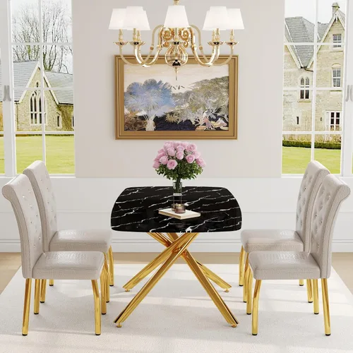 Vista 5 de Juego de mesa de comedor moderna para mesa de comedor negra de 4,63 pulgadas, juego de 4 con patas de metal dorado, mesa de cocina rectangular