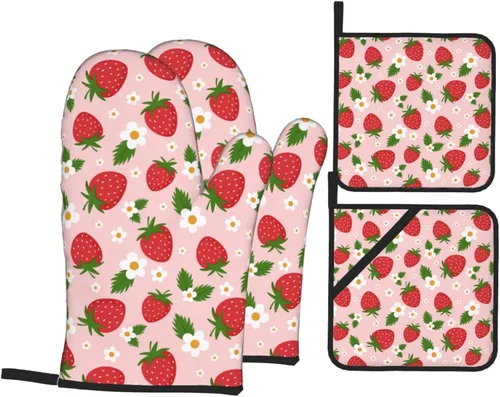Vista 15 de Juego de 4 guantes de horno y soportes para ollas florales de los años 70, resistentes al calor, para cocina, hornear, asar a la parrilla, barbacoa
