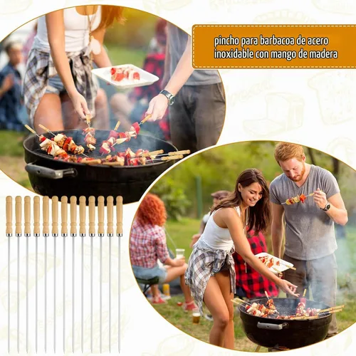 Vista 6 de Minatee Brocheta de 16 pulgadas con mango de madera para barbacoa, camping, utensilios de cocina, fogata, parrilla, cocina, acero inoxidable
