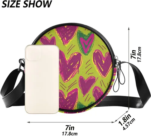 Vista 6 de Retro Doodle Heart Round Small Crossbody Bag Women Practical with Adjustable Strap Small Handbags Take a walk Canvas Messenger Purse