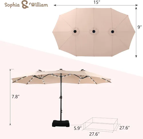 Vista 7 de Sophia & William Sombrilla de patio extragrande de 15 pies con luces solares, sombrilla rectangular para exteriores con base incluida, sombrilla