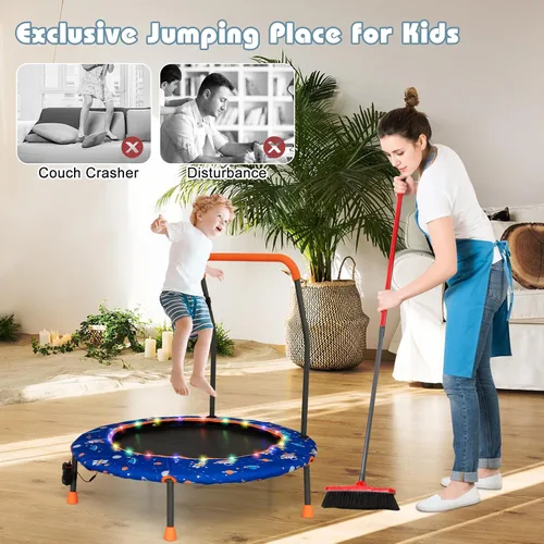 Vista 6 de Goplus Mini trampolín de 36 pulgadas para niños, trampolín para niños pequeños con luces LED, altavoz Bluetooth, mango extraíble, cubierta acolchada