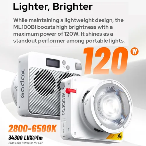 Vista 4 de Godox ML100Bi - Luz de video LED de mano de 120 W con reflector de lente de 15 ° 2800K-6500K TLCI 98+/CRI 97+ Fotografía portátil de mano (ML100 Bi)