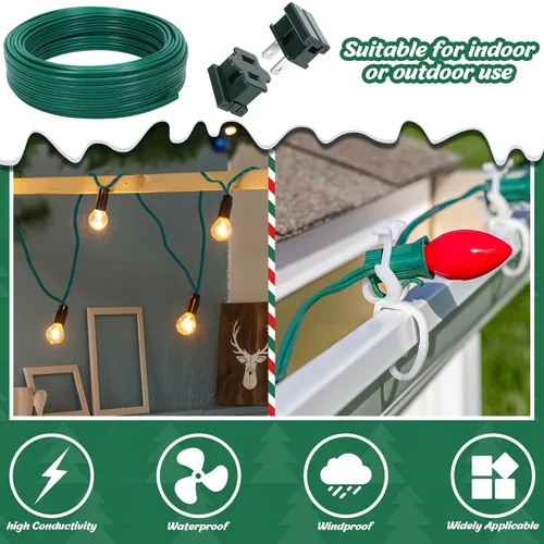 Vista 5 de Cable eléctrico de Navidad SPT-1 de 60 pies con 6 enchufes de vampiro, cable de calibre 18, cable eléctrico de 2 conductores, cable de bajo voltaje