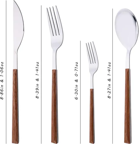 Vista 2 de Juego de cubiertos para 4 cubiertos de acero inoxidable de 16 piezas, juego de utensilios de cocina con mango de efecto de madera, incluye cuchara