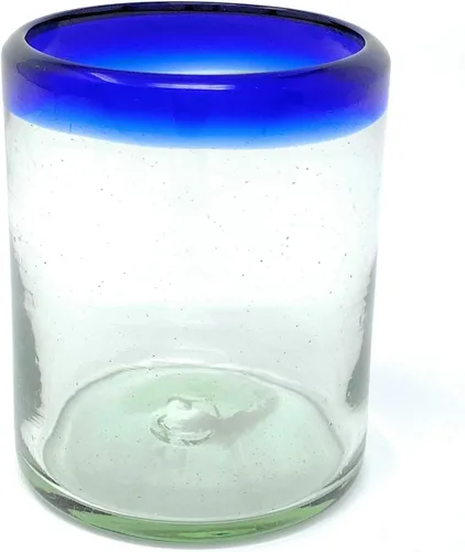 Vista 7 de Vasos de beber mexicanos soplados a mano - Juego de 6 vasos tipo tumbler con bordes azul cobalto (10 oz cada uno)