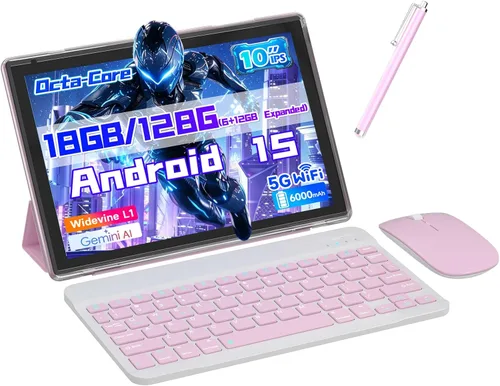 Vista 9 de Tablet Android 15, tabletas 2 en 1 de 10 pulgadas con teclado, 18 GB de RAM 128 GB ROM 2 TB Expand, CPU de cuatro núcleos de 2.0 GHz, 5G WiFi 6