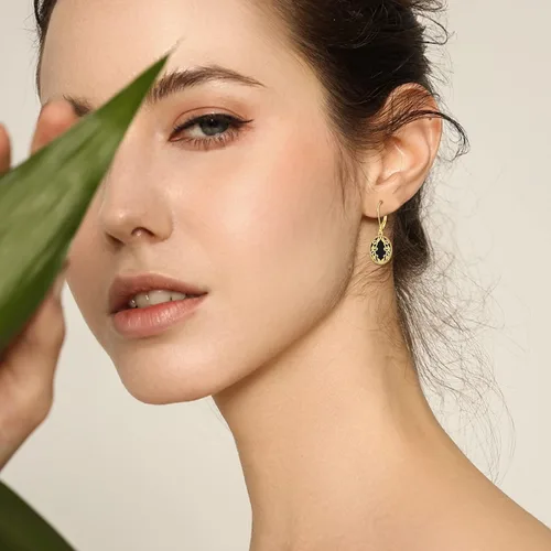 Vista 2 de Aretes de ónix negro de plata de ley chapados en oro amarillo de 18 quilates con filigrana bohemia, aretes colgantes de joyería para mujeres y niñas
