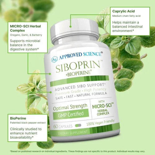 Vista 3 de Approved Science Siboprin - 60 cápsulas - Apoya el equilibrio intestinal, alivia la irritación intestinal, ayuda con calambres e hinchazón - Ácido