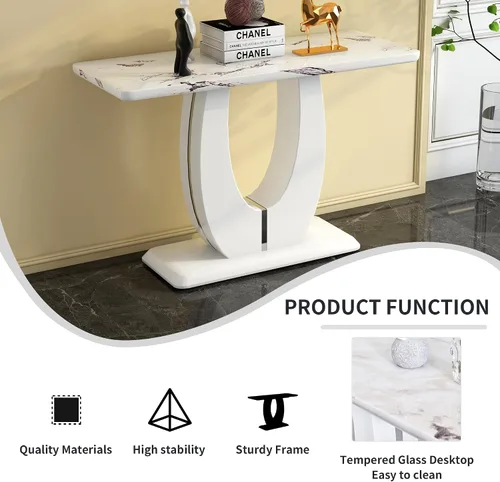 Vista 6 de Elegante mesa consola de mármol blanco, mesa rectangular estrecha de 47 pulgadas, mesa de comedor de entrada de mármol sintético de mediados