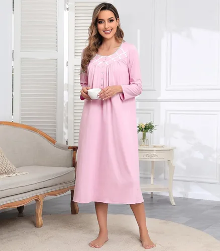 Vista 3 de Camisones largos de algodón para mujer, 100% algodón, vestido de noche de manga larga para mujer, ropa de dormir vintage A rosa
