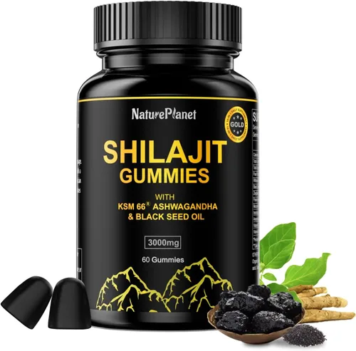 Vista 7 de NaturePlanet Gomitas Shilajit para hombres y mujeres, con aceite de semilla negra y ashwagandha, apoyo para la recuperación muscular, salud