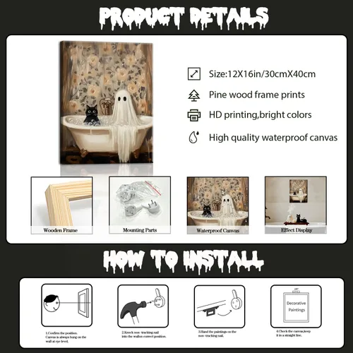 Vista 6 de Obras de arte en lienzo de fantasmas de Halloween para baño, decoración de pared con fantasmas de terror y lindo gato negro en la bañera, pinturas