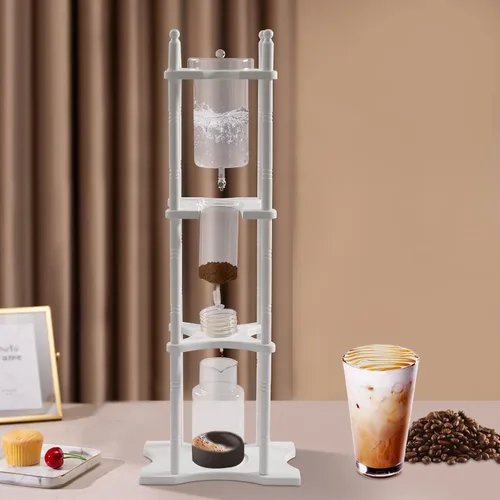 Vista 3 de Cafetera de goteo de hielo, 84.54 onzas, cafetera retro para el hogar, con recipiente de vidrio vertical japonés y soporte de madera, cafetera