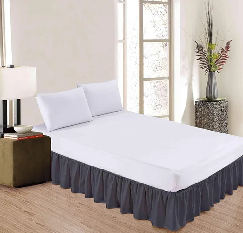 Vista 2 de Falda de cama con volantes de color gris oscuro sólido tamaño Queen con caída de 12 pulgadas, esquina dividida, falda de cama de microfibra