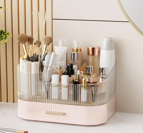 Vista 9 de Organizador de maquillaje giratorio de 360° con cajón, exhibición de almacenamiento de cosméticos de acrílico transparente, contador de belleza