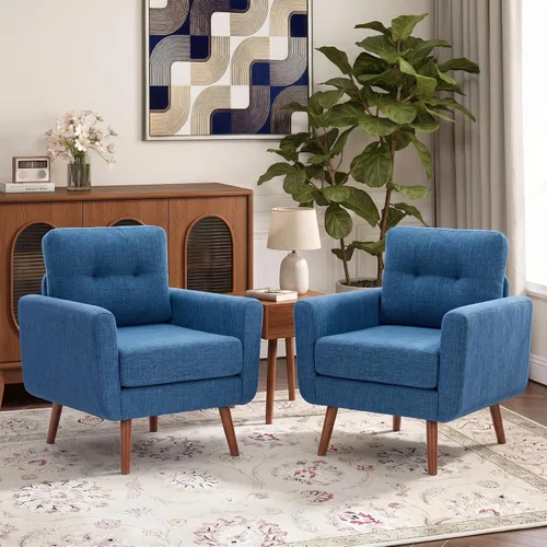 Vista 44 de Tbfit Paquete de 2 sofás individuales de tela de lino, silla decorativa, sillón moderno de mediados de siglo para sala de estar, dormitorio Beige