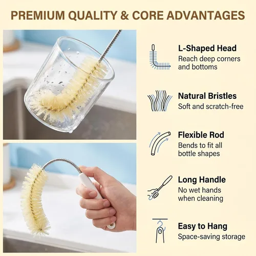 Vista 4 de Cepillo de limpieza largo para botellas de agua, diseño de cerdas flexibles con gancho y mango cómodo, cepillo de lavado de botellas para botella