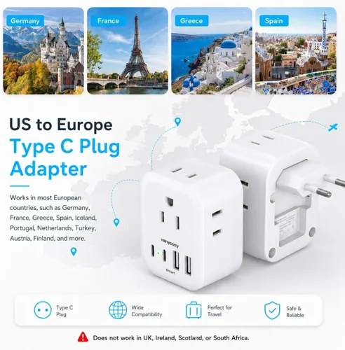 Vista 2 de HANYCONY - Paquete de 2 adaptadores de enchufe de viaje europeos, adaptador de corriente internacional de 4 tomas, 4 puertos USB C (2 USB C)