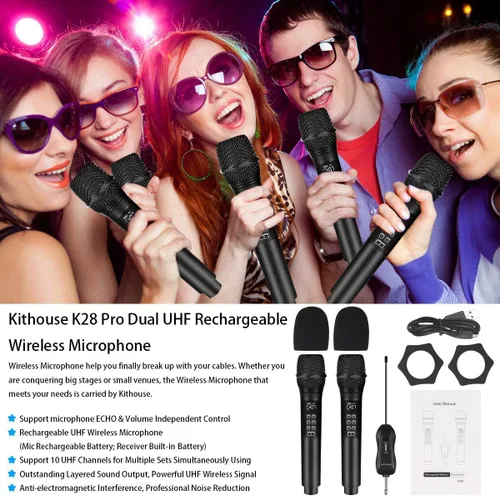 Vista 6 de K28 Micrófono inalámbrico recargable para karaoke con control de volumen y eco y receptor, micrófono dinámico de mano UHF para cantar karaoke habla