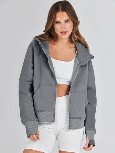 Vista 3 de ANRABESS Sudaderas con capucha recortadas con cremallera para mujer, sudaderas de forro polar con cremallera, suéteres con capucha, suéteres 2024