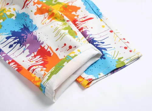 Vista 6 de Baylvn Pantalones cortos de mezclilla con estampado rasgados casuales para hombre, pantalones cortos ajustados para verano y playa