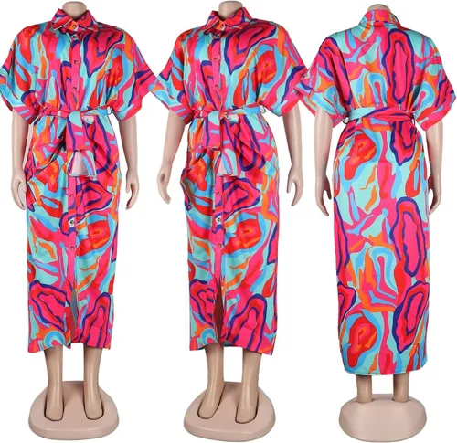Vista 2 de Vestido largo estampado elegante fruncido con botones y manga corta con solapa y cinturón