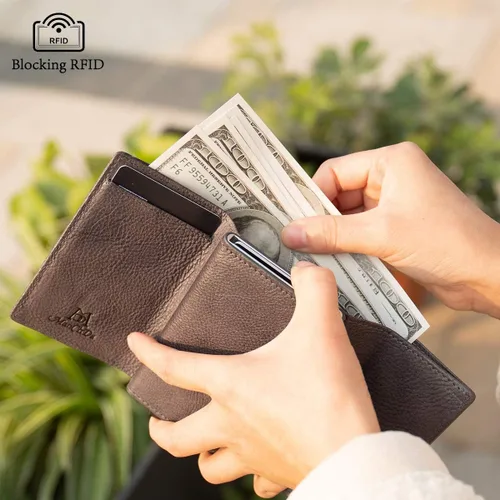 Vista 4 de ManChDa Billetera de cuero genuino delgada con bloqueo RFID para hombres, billetera triple de aluminio, cartera desmontable para tarjetas