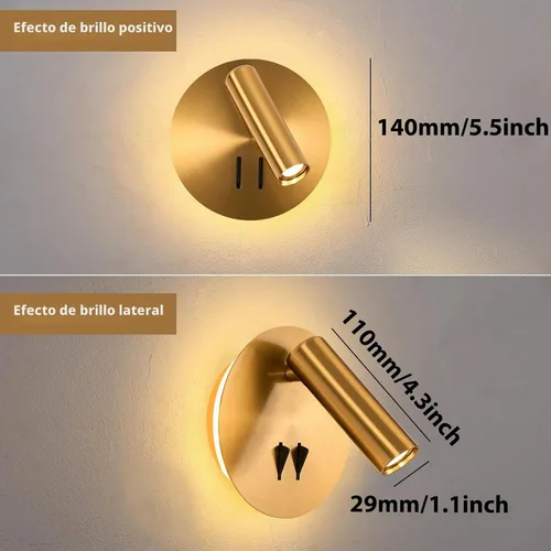 Vista 4 de ZEROUNO Lámpara de lectura de montaje en pared para dormitorio, lámpara de pared nocturna retroiluminada, aplique cableado con interruptor Dorado