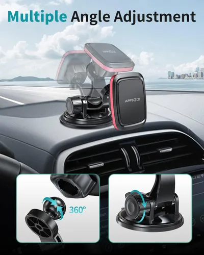Vista 4 de APPS2Car Soporte magnético para teléfono de automóvil con brazo ajustable y 6 imanes fuertes, soporte universal para salpicadero, parabrisas