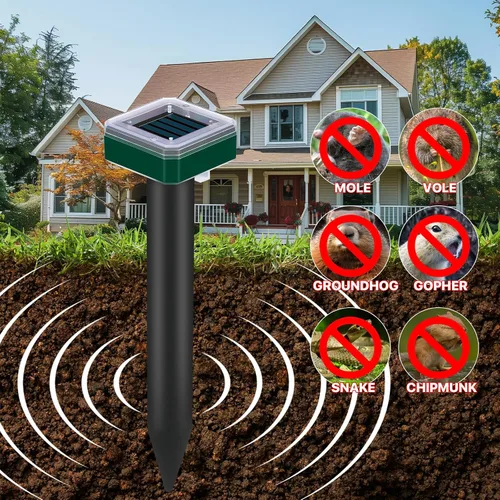 Vista 7 de Tirgo Repelente de topos con energía solar para césped, repelente de serpientes para patio, trampa repelente de troncos de marmota, ultrasónico