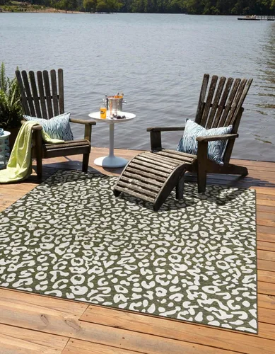 Vista 51 de Unique Loom colección Outdoor Safari Alfombra para exteriores - Leopardo (13' redonda, azul/gris)
