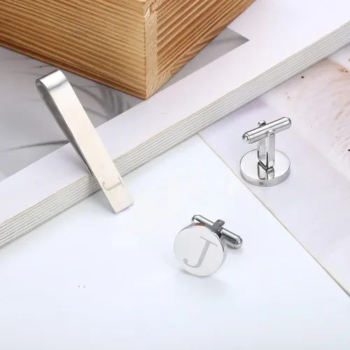 Vista 72 de LOYALLOOK - Gemelos de acero inoxidable grabados con inicial y clip de corbata, diseño de letras del alfabeto con caja de regalo, A-Z