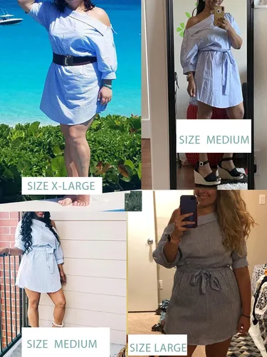 Vista 3 de Simplee Apparel vestido de camisa a rayas dividido de un solo hombro de manga media para mujer
