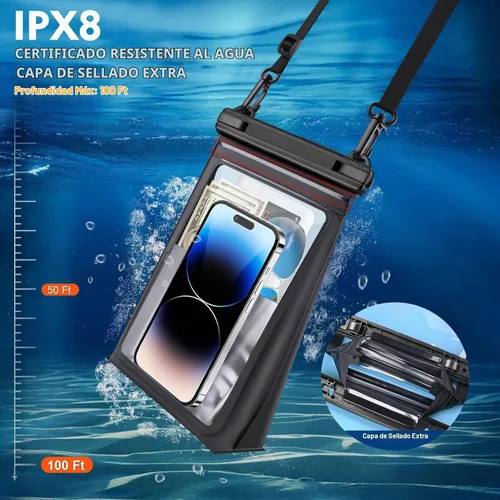 Vista 4 de Bolsa grande impermeable flotante para teléfono [con tira de sellado], bolsa seca para teléfono celular para iPhone 16 15 14 13 12 Pro Max Galaxy