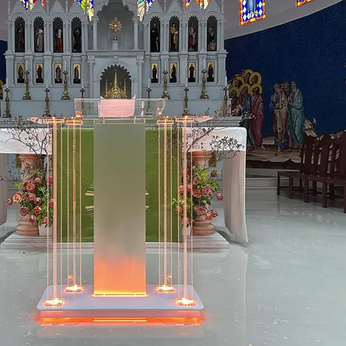 Vista 6 de Púlpito de iglesia con cubierta y luces LED, púlpitos acrílicos de 46 pulgadas para iglesias, soporte de podio transparente con ruedas y plataforma