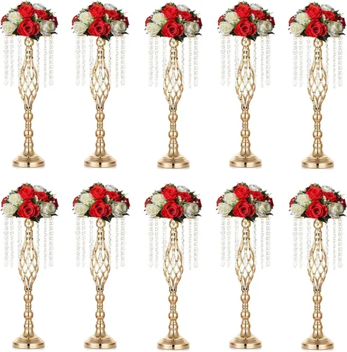 Vista 16 de Sziqiqi - Centro de mesa elevado floral dorado para mesa de boda de 21.7 pulgadas de altura con centros de mesa de flores de cristal y cuentas