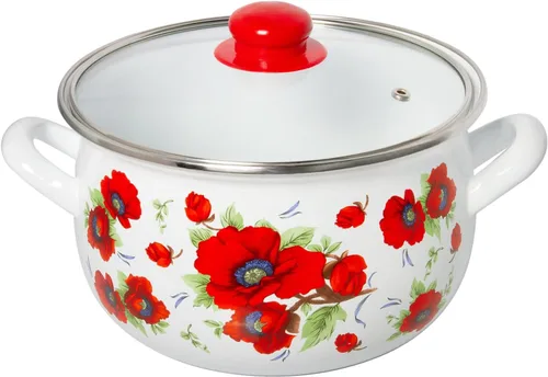 Vista 8 de Olla de aluminio esmaltado amapolas vientre cazuela profunda olla de cocina con tapa de vidrio Utensilios de cocina Olla de sopa (2.1 L)