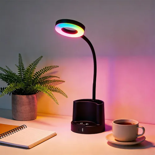 Vista 6 de HomeFocus Lámpara de escritorio, lámpara de escritorio LED RGB, lámpara de mesa, luz de lectura y luz nocturna para oficina en casa, negro